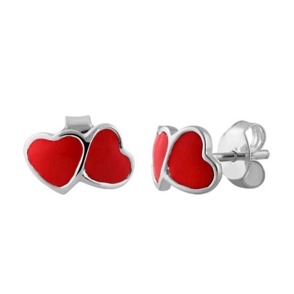 Sterling Silver Valentine Red Enamel Double Heart Stud Earrings New - Picture 1 of 2